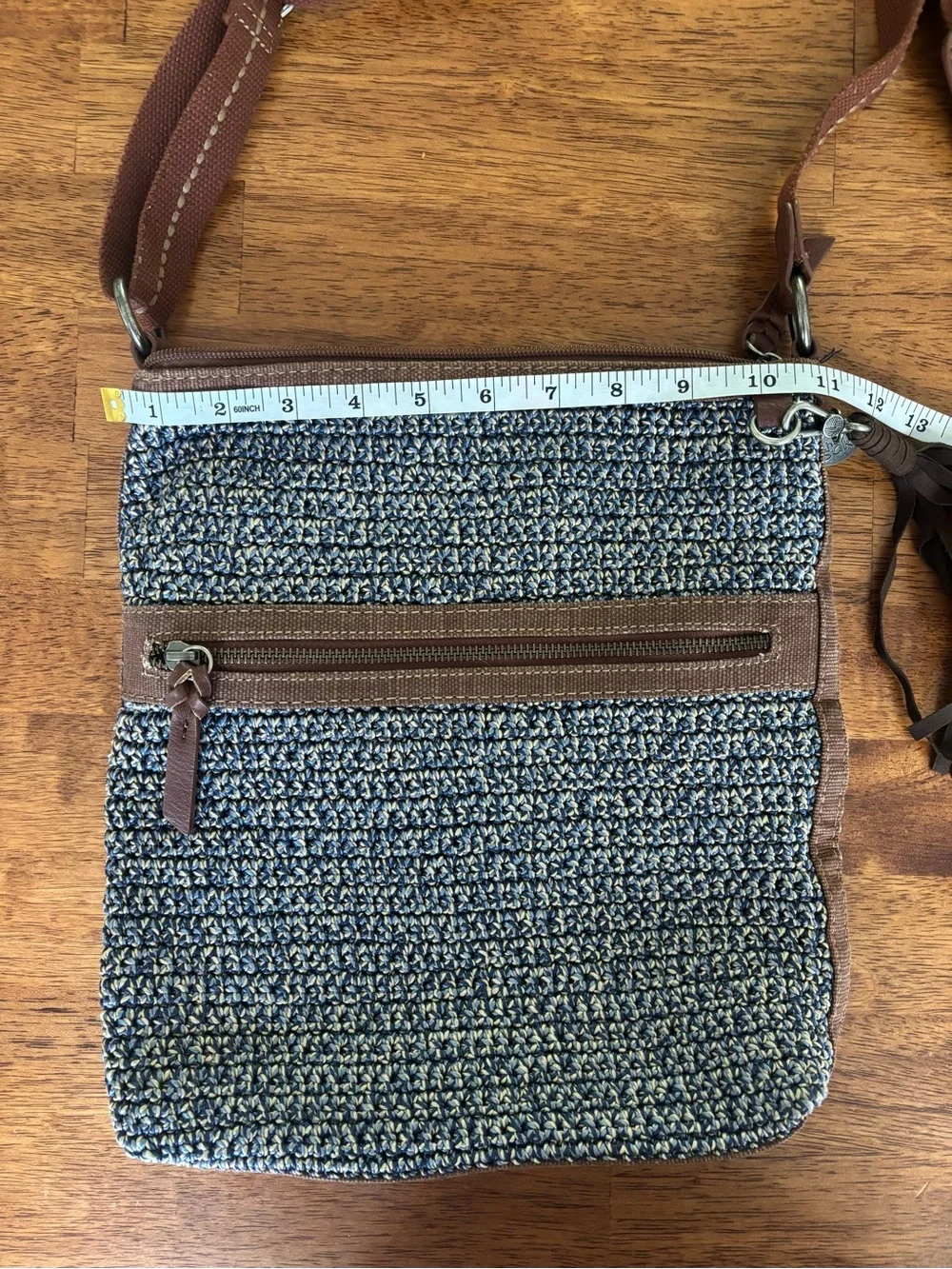 The Sak Lucia Crossbody Purse Boho Crocheted Bag in Blue and Brown Leather
